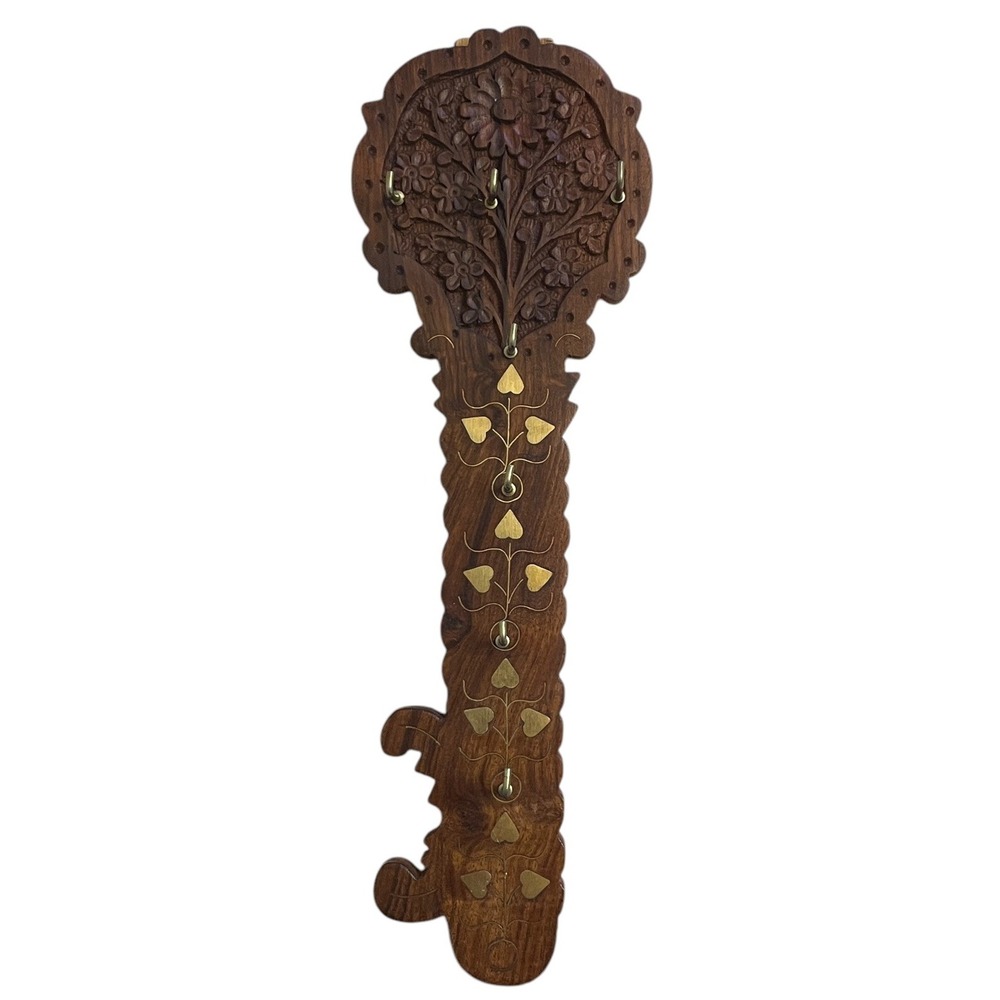 Hand Carved Wood Key Holder Wall Mount Large Skeleton Key Brown